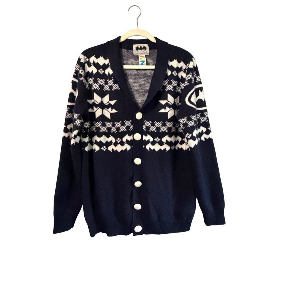 Batman DC Comics Fair Isle Cardigan Sweater Mens Medium Navy Blue FUN.com